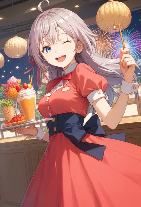 a cheerful smiling female waitress carrying a large parfait with a colorful gradient,surprisingly large parfait, colorful gradie...