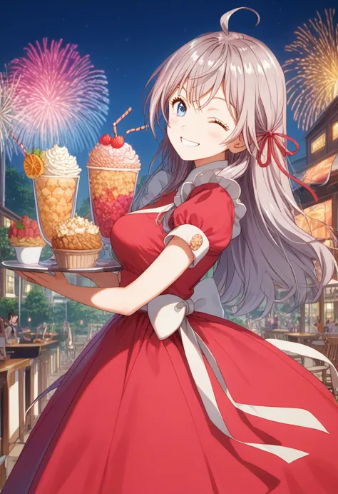 a cheerful smiling female waitress carrying a large parfait with a colorful gradient,surprisingly large parfait, colorful gradie...