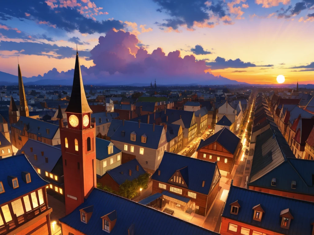 Sunset,　evening, Fantasy World, Town