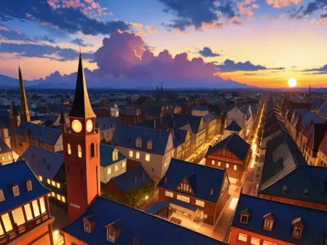 sunset,　evening, fantasy world, town