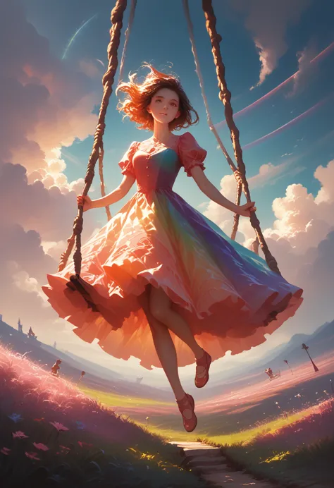 a woman in a colorful gradient dress, shiny skin, swinging on a rainbow swing, clouds in the sky, ethereal, glowing, vibrant col...