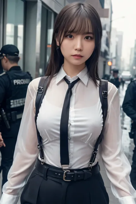 a woman in a suit, belt, hands behind back, sweating, suspenders, black pants, large breasts, see-through clothing, rain, detect...