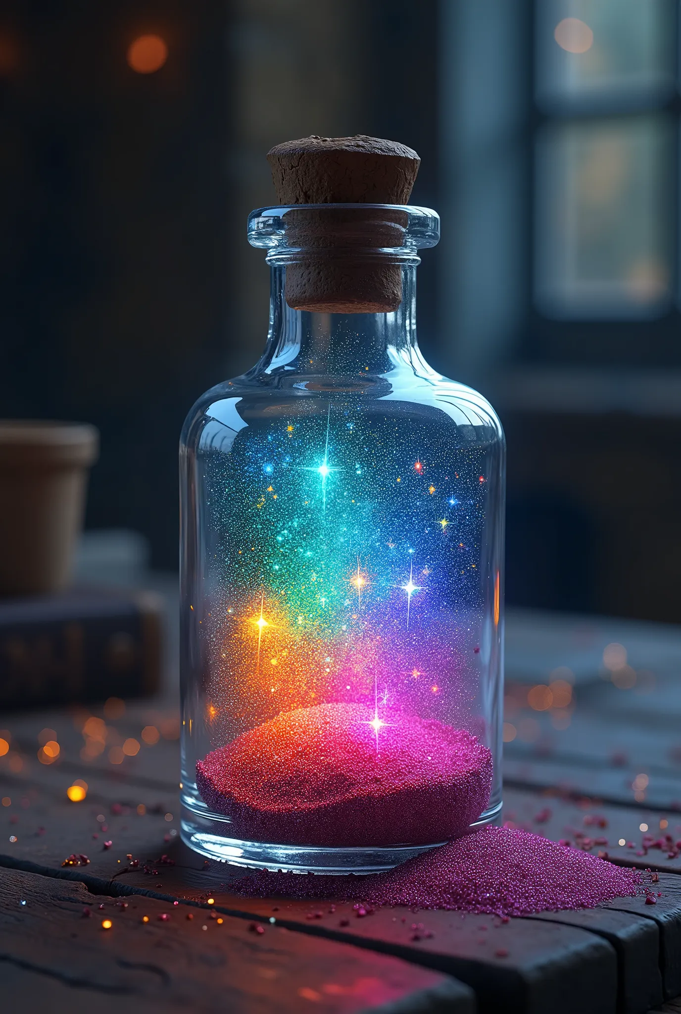 professional photography, digital art, close-up shot of an magic alchemist glass bottle contain sparkling star dust with vibrant gradient colors, medieval theme, fantasy