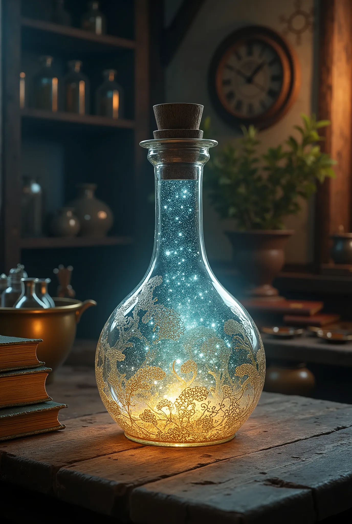 an magic alchemist glass bottle contain star dust, medieval theme