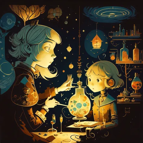 2 girl, round face, sailor uniform, white-coat, chemistry experiment, laboratory, cute action, paul-klee: abstract style, george...