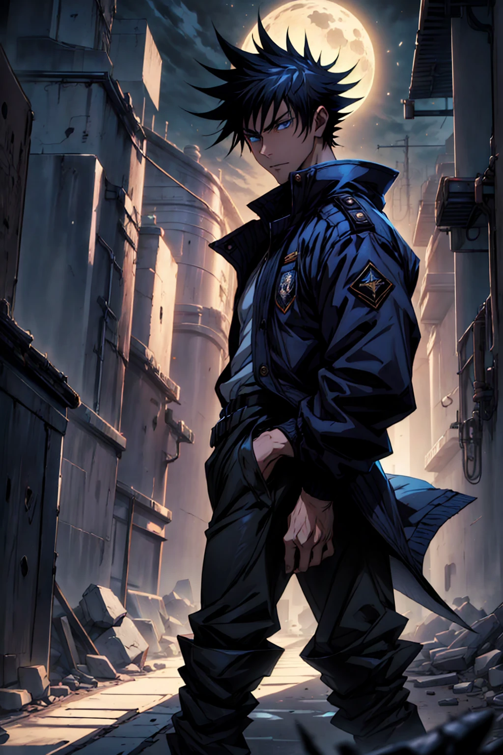 1boy, full body shot, 175 cm, megumi fushiguro, dark blue eyes, black outfit, black hair with long spikes that jut out in every direction around his head, wearing dark blue jacket over a long-sleeved white dress shirt. His uniform pants match his jacket,He wears long black socks, low-top brown shoes, dynamic battle pose, blue and dark moon city night background, wallpaper, cinematic,High resolution 8K, Bright light illumination, lens flare, sharpness, masterpiece, top-quality, The ultra -The high-definition, high resolution, extremely details CG, Anime style, Film Portrait Photography,masterpiece,hyperdetail, white and black wolf