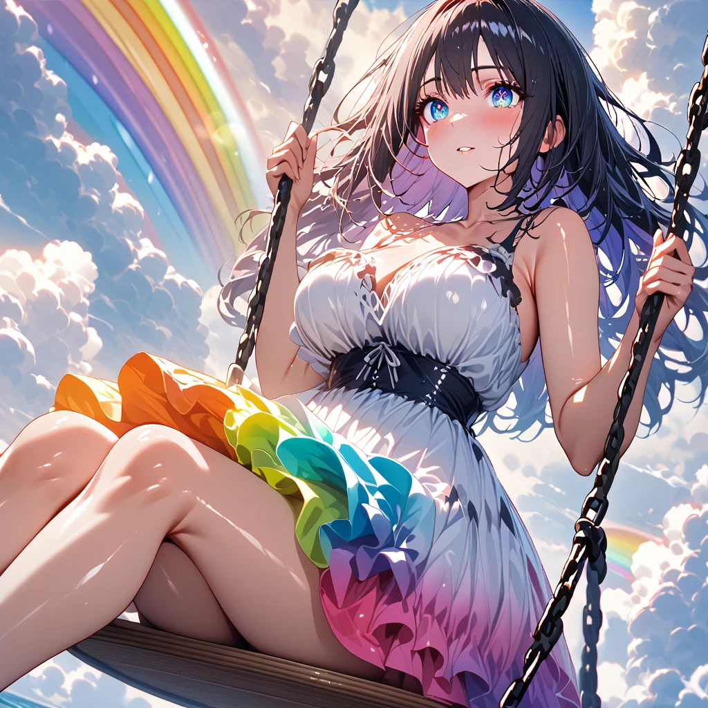 A beautiful woman in a colorful gradient dress, Shiny skin, swinging on a swing attached to a rainbow, fluffy clouds in the sky, highly detailed, detailed face, detailed eyes