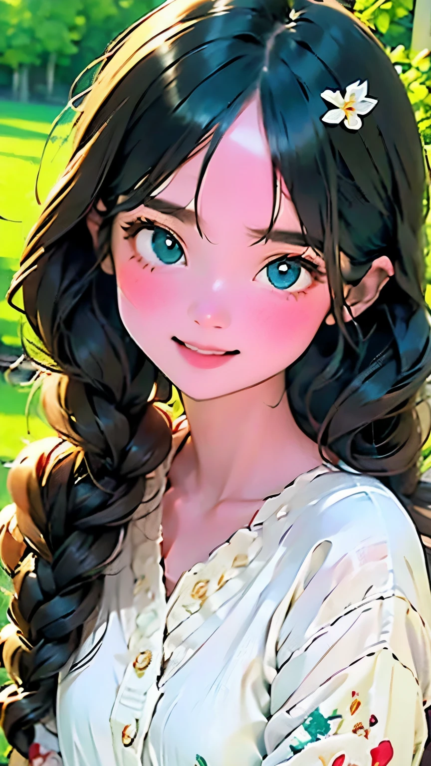 Watercolor，Little ピンクのVネックのシャツと白いショートパンツを着た漫画の若い女の子, Show your teeth and smile big, Big and pretty eyes, Cute Digital Painting, Cute digital art, Beautiful and detailed digital art, cute portrait, Cartoon Art Style, Very cute and stylish black haired girl, Cute realistic portrait, Cute cartoon style, (((Little))) Beautiful art, Realistic and cute girls