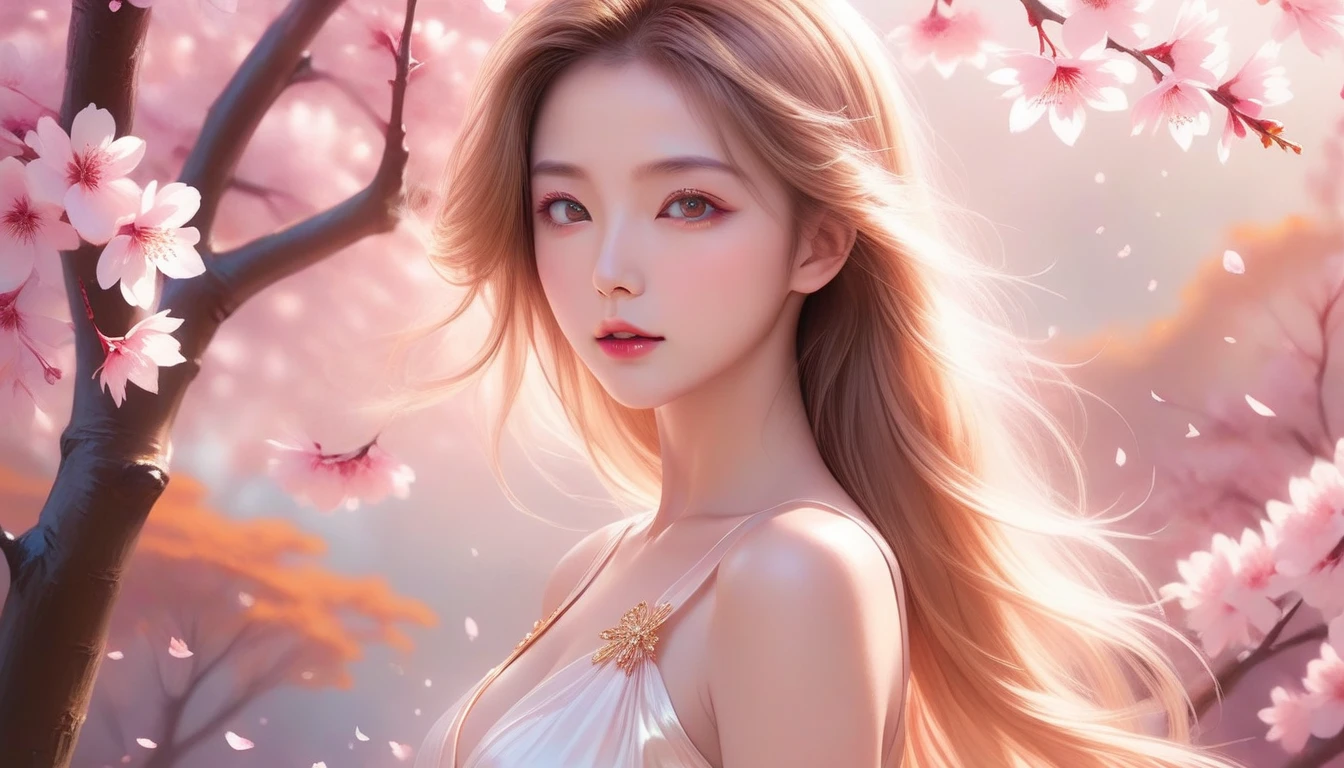 A Masterpiece In 32K Resolution, Supreme Quality, Super Detail, Official Art, Very High-Resolution 32K Wallpaper, Exquisite And Aesthetic, Ultra-Detailed Features, Awe-Inspiring Detail. A Mystical Garden With (Blooming Sakura Trees) And (Gentle Petals Carried By The Breeze), Illuminating Her Luminous, Pearl-Like Skin (Highlight Her Ample Breasts). A Sexy Girl With A Thoughtful And Quiet Confidence, Golden Brown Hair Flowing Softly Over Her Shoulders, With Deep Amber Eyes That Seem To Hold Ancient Wisdom. Her Expression Is Captivating Yet Introspective, Lit By A (Golden Afternoon Glow). (Delicately Crafted Beauty), Her Aura Fills The Surrounding Scene With A Sense Of Peace, As Petals Drift Around Her. The Vibrant Garden Reflects The Finesse Of Her Every Detail, Creating A Scene Of (Undying Charm) And Artistic Brilliance. This Ultra-Realistic Portrait Embodies A Harmonious Balance Of Strength And Beauty.