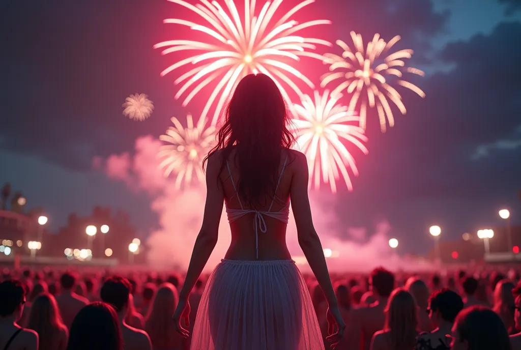 ((masterpiece, Highest quality, Best image quality, High resolution, Realistic, RAW Photos, 8k, Highly detailed CG synthesis 8k wallpaper)), (Huge and stunning goddess shot, Very hot and sexy, Incredible beauty, Perfect Proportions, Perfect hands, Perfect Fingers, Perfect Anatomy, Beautiful body, Slim body beauty:1.4), A huge amount of fireworks lighting up the night sky, a calculated colorful gradation, a crowd looking up from below, “colorful” text at top of screen written in large letters,