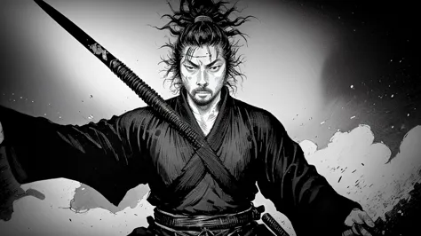 a black and white photo of a man holding a sword, miyamoto musashi, inspired by kanō sanraku, tsutomu nihei art, tsutomu nihei s...