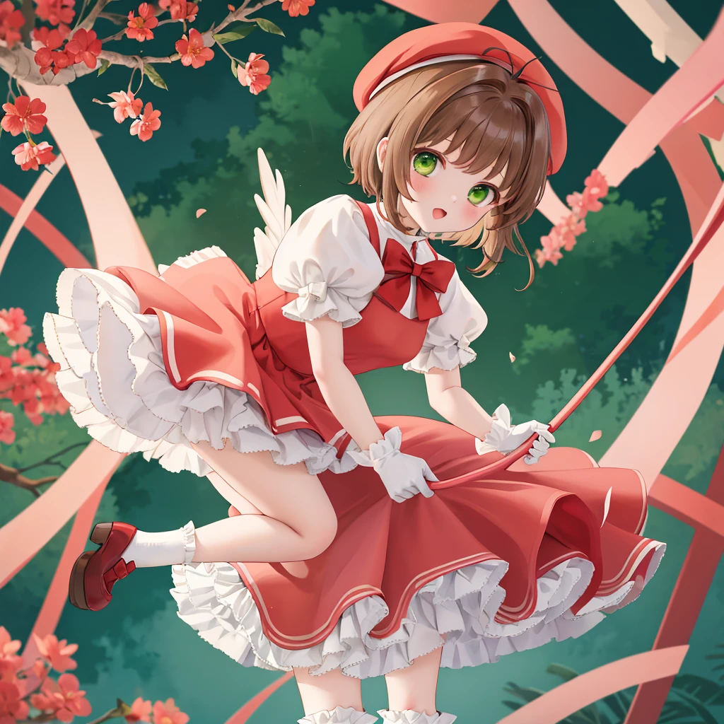 masterpiece, Highest quality, High resolution, kinomoto sakura, One girl, Brown Hair, short hair, Antenna Hair, Red Hat, Green Eyes, Frills, Red dress, Short puffy sleeves, White gloves, Red Bow, White knee socks, wing, Standing, I have a card