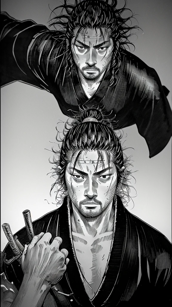 Musashi Miyamoto,a black and white photo,manga panels , vagabond manga panels, Musashi Miyamoto joining his hands, the samurai is joining his both hands, praying, inoue art,inspired by Kanō Sanraku, Tsutomu Nihei Art, Tsutomu Nihei style, Samurai man vagabond, by Tetsugoro Yorozu, Samurai, inspired by Kanō Hōgai, inspired by Kikuchi Yōsai