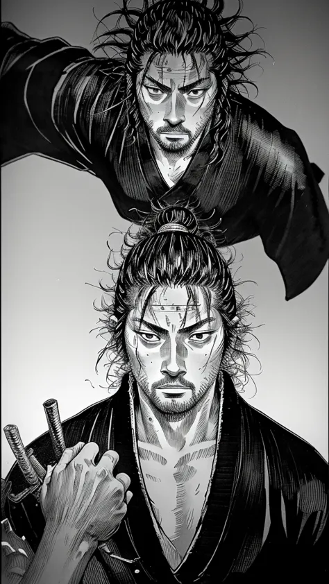 musashi miyamoto,a black and white photo,manga panels , vagabond manga panels, musashi miyamoto joining his hands, the samurai i...