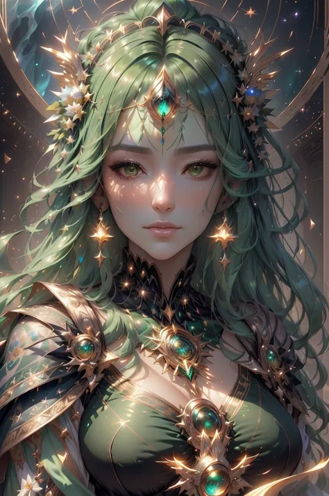 a woman with green hair and a tia on her head, portrait of a celestial of nature, artgerm detailed, extremely detailed artgerm, ...