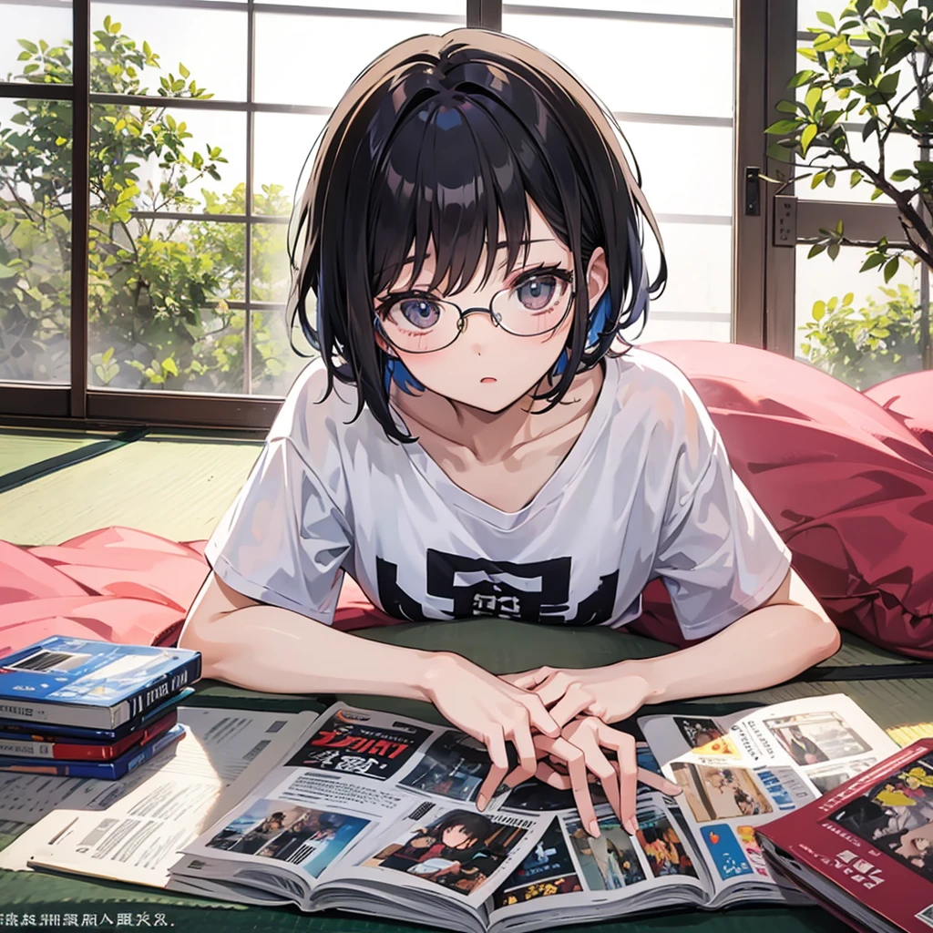 On the tatami(Lie down)A girl in a T-shirt and shorts rolling around、short hair、Glasses、Stacked magazines、Fan、Open window、