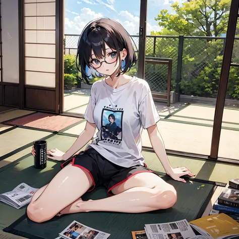 a girl in a t-shirt and shorts lying down on a tatami mat、short hair、glasses、stacked magazines、fan、open window、