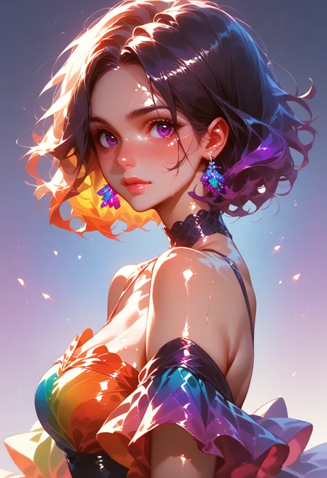 a beautiful woman in a colorful rainbow theme gradient dress, shiny skin, colorful pink and purple gradient lights in background