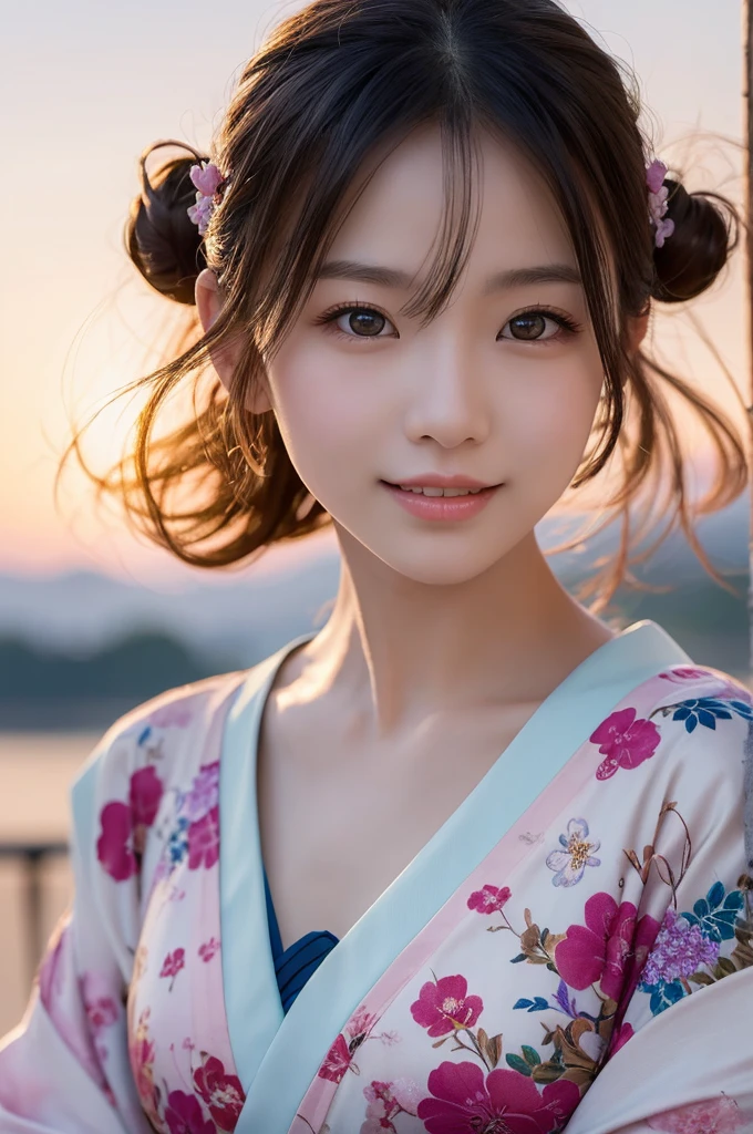 (Tabletop:1.3),( masterpiece, 最high quality), 98k, ((Perfect Anatomy:1.2)),Beautiful Japanese Woman,  Small face,(cute顔:1.2),smile, Large Breasts, ,Beautifully detailed eyes, Evenly spaced 1.2,  (Highly detailed face and skin texture), Golden ratio beautiful face,White skin,(The beauty of kimono:1.2)Dried flower、Beautiful Japanese Girls。、high qualityな女性像を演出。She has her own fashion style、Against the backdrop of a fantastic and magical landscape.、Pastel colors and abstract elements interwoven。Her pose is sophisticated.、Gives a natural and dynamic feel。Light and shadow effects are attractively presented、The detailed faces and expressions are full of emotion.、Pastel colors are beautiful、Awakens visual stimulation and aesthetic sense、 美しいAttention to detail目, Natural lips,The best texture, high quality, Ultra HD, 8k Realistic, Attention to detail, Ultra Clear,Loose and fluffy curls,cute, (Photorealistic:1.4).Cinematic, Accent lighting,Bun Hair,、flower　flower柄の浴衣