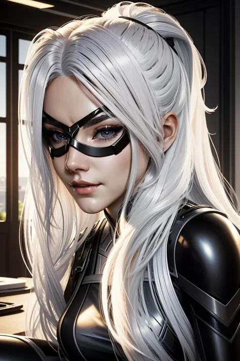 (masterpiece, best quality) marvelblackcat, 1girl, solo, long hair, white hair, mask, seductive, sitting at a desk, gaming pc, w...