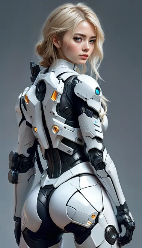 game of the rule of law, police girl in exoskeleton cybernetic armor, the armor fits and hugs the figure, the girl has a plasma ...