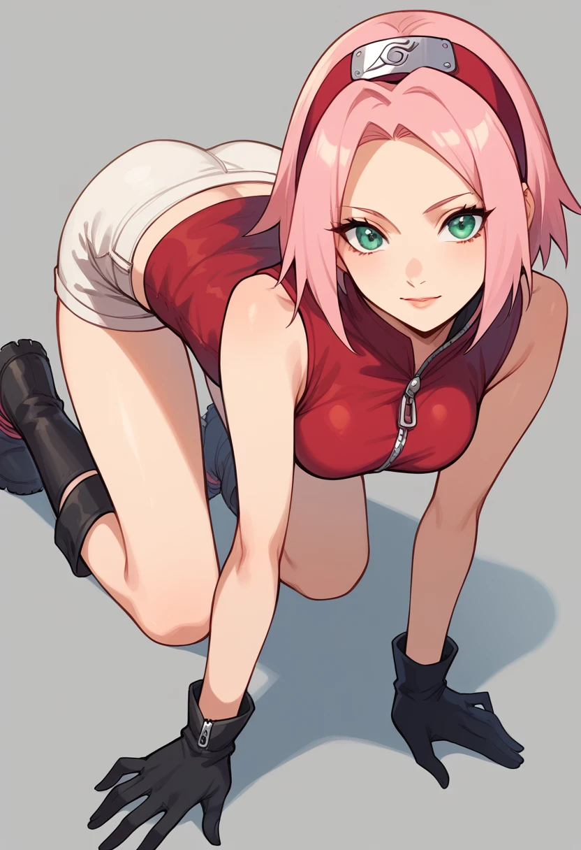 sakura haruno, sexy, On all fours, short hair, Green Eyes, Pink Hair, Parted bangs, Hairbands, Forehead protector, gloves, Green Eyes, Sleeveless, black gloves, Red Shirt, zipper, boots, Shorts, zipper, Closed-toe footwear, Slender, thin. sexy, On all fours on her elbows.