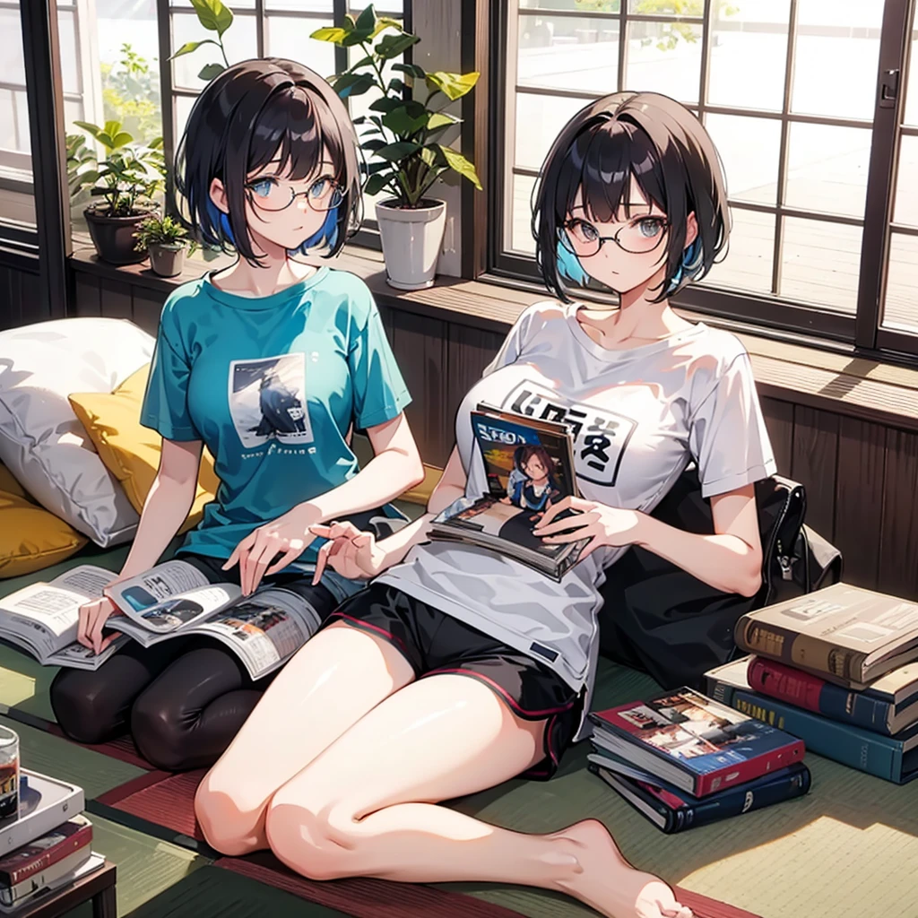 A relaxed woman lounging on tatami mats, wearing a t-shirt and shorts, with short hair and glasses, surrounded by stacked magazines, a fan, and an open window