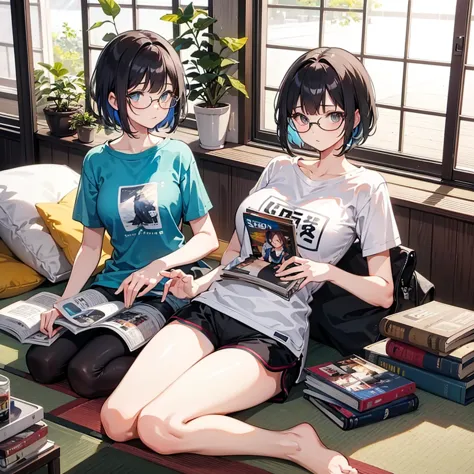 a relaxed woman lounging on tatami mats, wearing a t-shirt and shorts, with short hair and glasses, surrounded by stacked magazi...