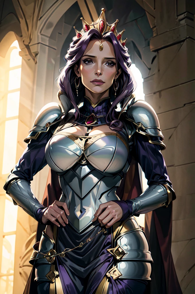 (masterpiece, best quality, ultra detailed)1.5, 1girl, solo, (sexy, beautiful woman, perfect face, perfect eyes, perfect female body)1.5, (mirelia, long hair, purple hair, long sleeves, jewelry, earrings, cape, armor, tiara, crown, shoulder armor, breastplate, ), (standing inside a medieval castle), (large breasts:1.5), perfect lighting, smooth, hdr, 8k resolution, Jessica Chastain 