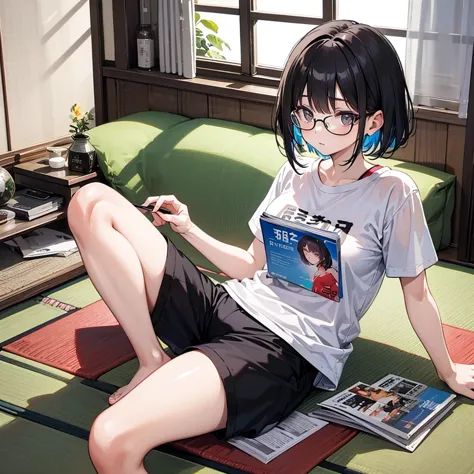 a relaxed woman lounging on tatami mats, wearing a t-shirt and shorts, with short hair and glasses, surrounded by stacked magazi...