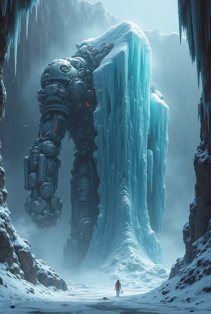 Cyberpunk, Mechanical, shattered, There is a photo of a very large iceberg, Cyberpunk, Mechanical, shattered, heavy snow, Dungeon Background, Icicles background, Arena Background, Game Background, Dark cave background,