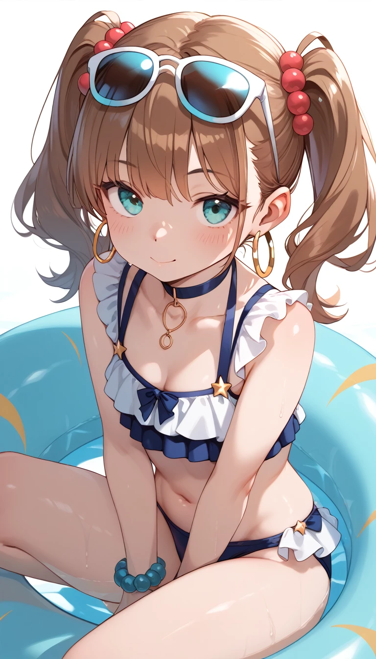 a bit_girl,_change_, 1girl, alone, Ryujo_Fleet Collection,small,brown_hair, Twin tails, brown_eye,Aqua Eyes, [sunglasses, Wear glasses on your head, Swimwear, sexy Swimwear, beads, Hoop Earrings, bracelet, cute, sexy, Dynamic angles