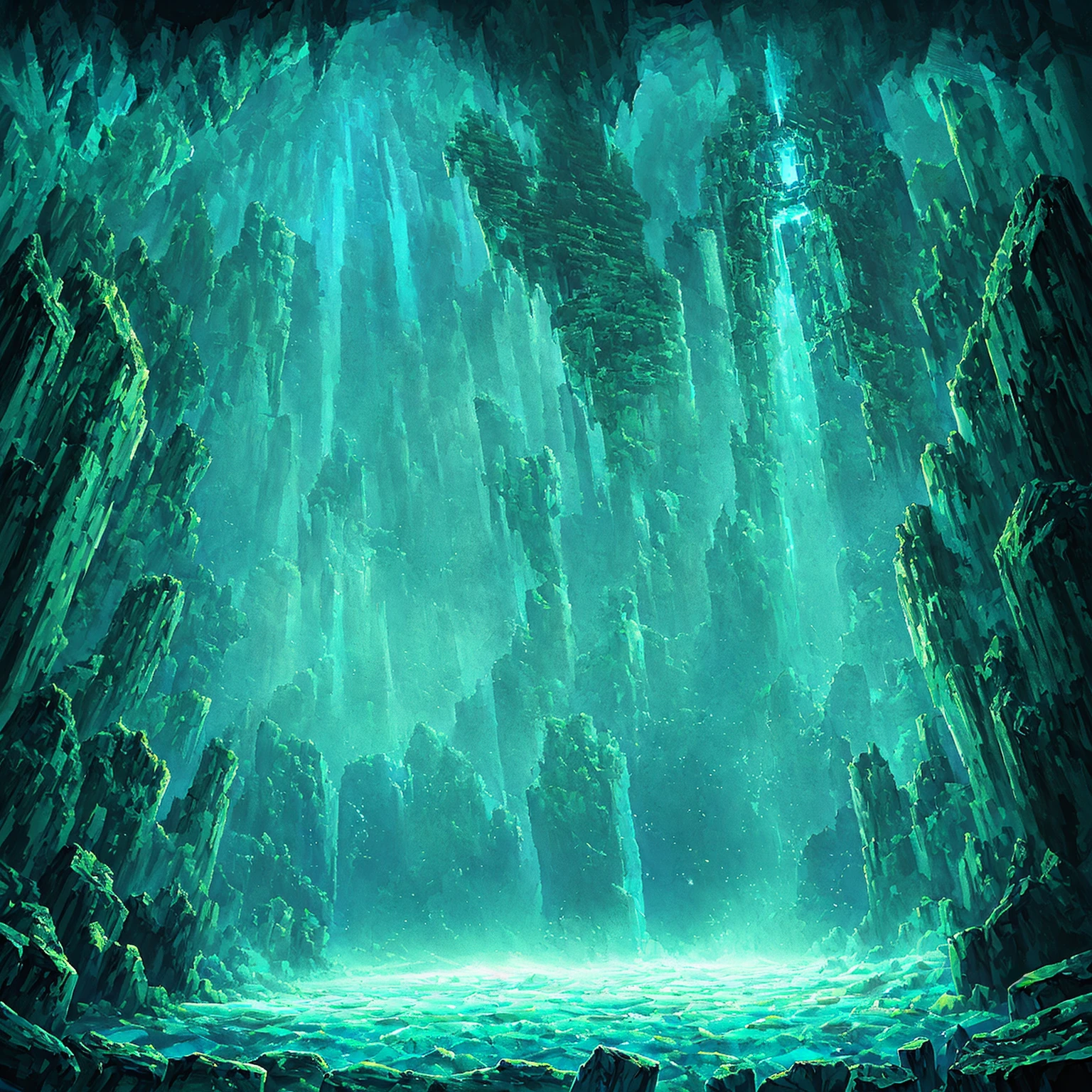 a close up of a green portal in a dark room, sci-fi nether world, mythical gigantic space cavern, high quality voxel art, glowing crystal cave, nether, dynamic shaders, fantasy style 8 k octane render, entrance to ethereal realm, underwater crystal caverns, realistic epic shaders, voxel art, daily render, intricate environment, POND, (Minecraft)