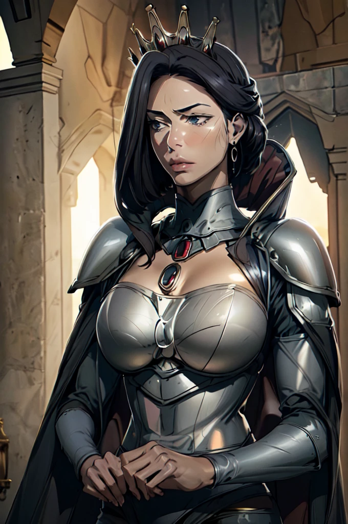 (masterpiece, best quality, ultra detailed)1.5, 1girl, solo, (sexy, beautiful woman, perfect face, perfect eyes, perfect female body)1.5, (mirelia, short hair, black hair, long sleeves, jewelry, earrings, cape, armor, tiara, crown, shoulder armor, breastplate, ), (standing inside a medieval castle), (large breasts:1.5), perfect lighting, smooth, hdr, 8k resolution