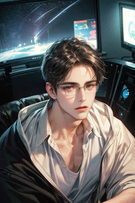 スーツを着たmale, thin eyebrows, thin eyebrows, black hair, brown eyes, glasses, at the office at night, (highest quality,4k,8k,high r...