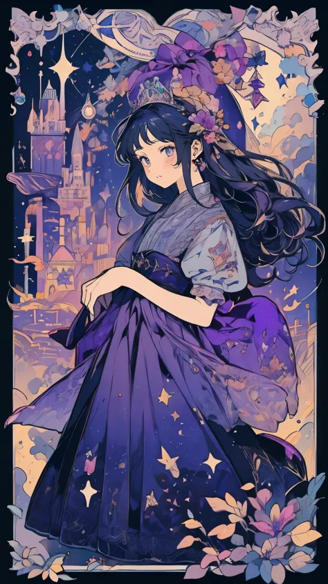 (one princess、one prince:1.5)、purple long dress、dance、city、firework、流れstar、night sky、star、moon、lots of flowers、(smile)