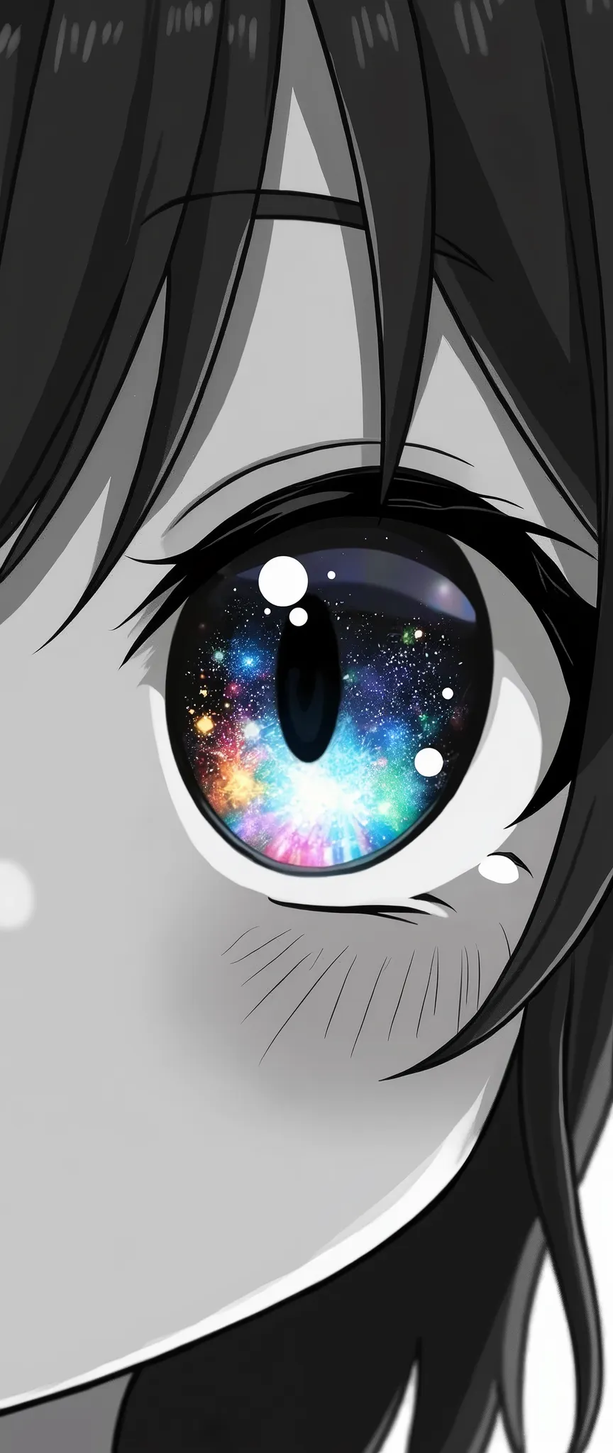 black and white girl, eyes are cosmic color and very colorful with many colors in very smooth gradience,super close up of eye,very cute monochrome chibi girl