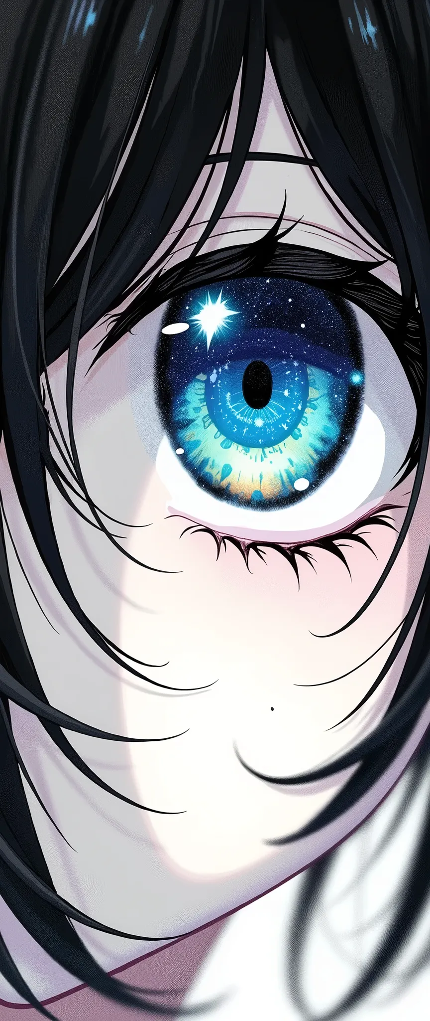 black and white girl, eyes are cosmic color and very colorful with many colors in very smooth gradience,close up of eye,japanese manga style