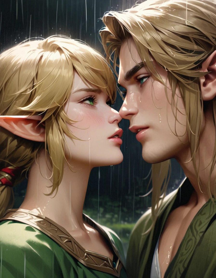 Super detailed, High resolution, Beautiful young man Link and Zelda kiss、Give a sexy kiss、Blonde、expressive green eyes, The Legend of Zelda, Pointed Ears, Realistic Face、rain、Shade、Zelda&#39;s Big Breasts