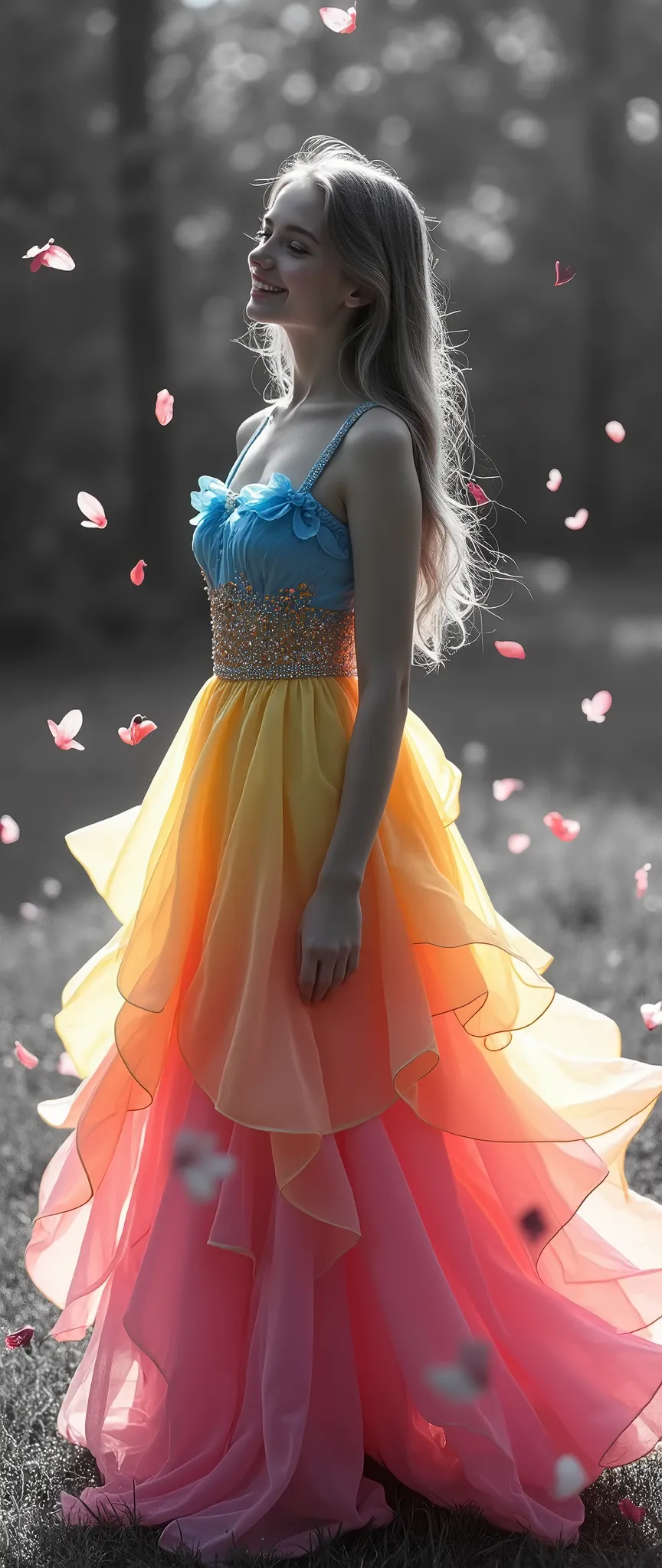 Beautiful background in black and white, beautiful teenage girl standing in dress\(beautiful kaleidoscopic multiple exposures\),dress is very colorful and color is in very smooth gradience, dress is very elegant and luxurious and volumed shape, art by Alphonse Mucha, happy atmosphere, petals are dancing in the air