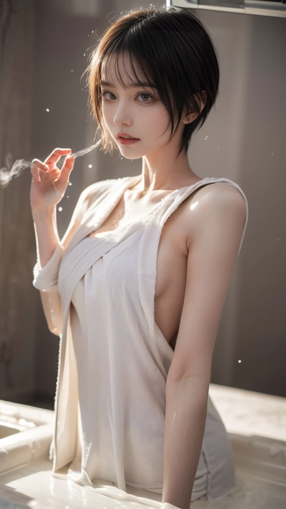 in 8K、Highest quality、masterpiece、Very detailed、Ultra-high resolution、

Bathroom、Very young and immature girl、Wrap a large towel around your body、Expose your shoulders、Wet your hair、sweat,steam, Wet Skin、Water droplets fall、(Jirai Type Makeup:1.3、jirai girl:1.3、Red eyeliner), (NUDE、A body wrapped in a towel, Bathing scene:1.5), surprised, (vapour,Sweat), Cream yellow hair、pixie short hair、Cute girl、(Super big breasts:1.3)、take a bath、Dark Bathroom:1.2、Soaking in the bathtub、Take a bath、girl in the bath、(Cinema Lighting、Rainbow light reflected in a dimly lit room:1.3)、

Safety Sensor、((night:1.8, Desaturated lighting:1.7, Turn off the lights:1.5)),

((Big Breasts、Sweat,vapour,Vulgarity)),(Please open your mouth wide、Sticking out tongue、ahegao),
