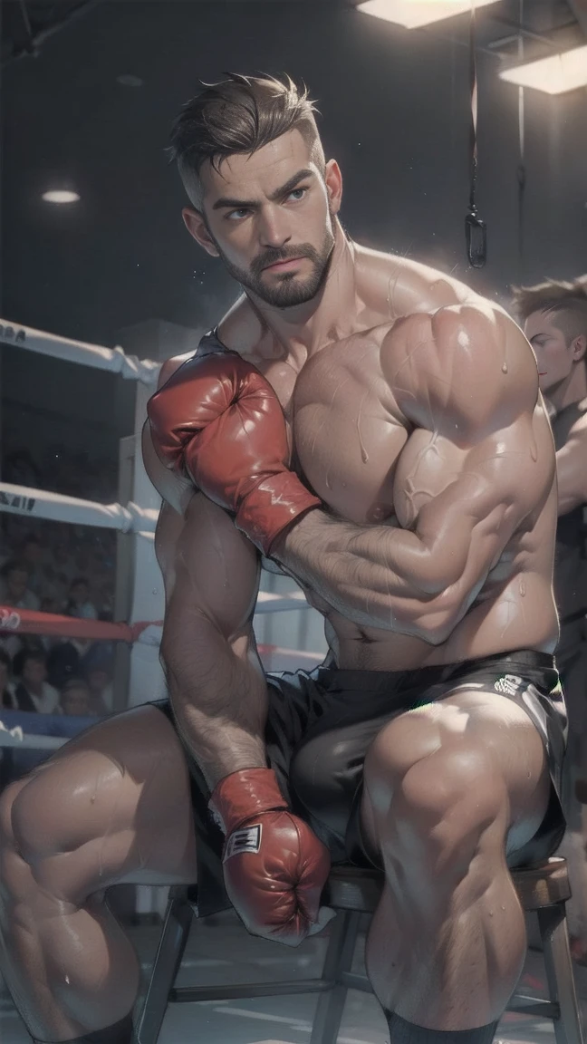 Korean man, Age 30 years, wet skin, muscular, distinct features ,Wearing Spandex tight boxer briefs, a boxing ground, Sitting in the corner stool above the ring, considerable exhaustion, His body changed with sweat, full entire body, realistic photo,8k , high definition , perfect detail , photo,topless,(shirtless),(Bodybuilder),thick, sturdy waist and lower body,(topless),(He's resting with his arms on the rope of the boxing field),playing in the WBA(World Boxing Association),(a large spectator stadium), ((wearing a boxing glove for a match)),12-ounce red boxing gloves,(From  Below),(Arms down),(Wear boxing socks),(Hands on thighs pose),(Hands on thighs pose),(Hands down),(Hands down),(Hands down),black eyes

