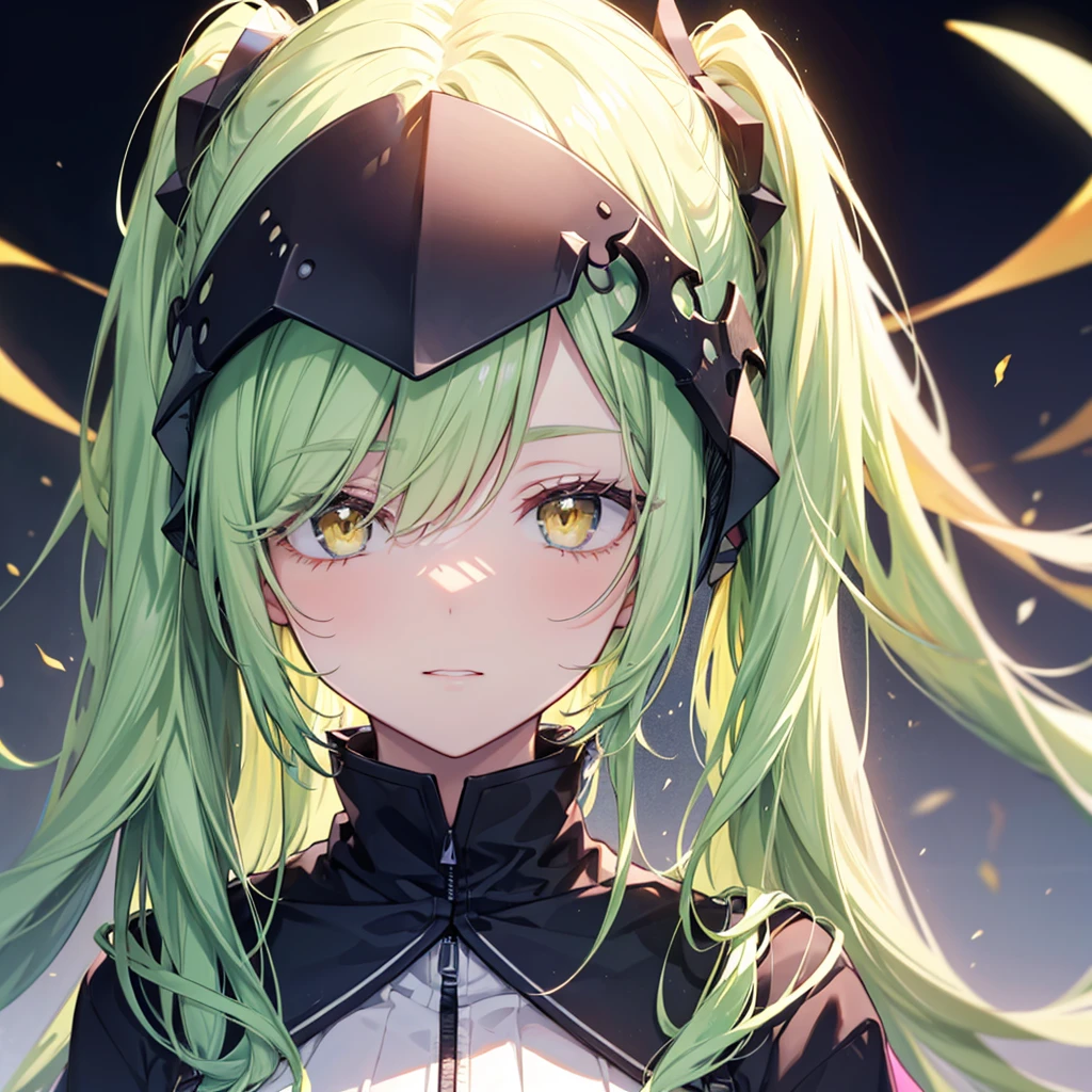 Bangs covering the eyes, 傑Pastel green long twin tails, Yellow Eyes, Long Bangs, Making anime，Highest quality, Highly detailed face，Straight hair, {{{Large mechanical wings spread on both sides.}}}, （pastel colour：1.2，Dark studio，Edge Light，Two-tone lighting，that&#39;dim，base，),Combat cyborg, {{{{{bangs that cover one eye}}}}}, {{{{{Woman illustration}}}}}, 8K quality, Highest quality, masterpiece, Kind woman, Dark atmosphere, Pastel green long twin tails, Yellow Eyes, Long Bangs, A scene from a science fiction movie,Cyborg Woman, A full-body green armor, {{{{{Wearing a pastel green mech suit}}}}}, Sadistic smile, Against a backdrop of an elaborate mechanical city、Details of a ruined future city, Smiling Kindly, 7 Head to Body, Shut your mouth.,Proud face, Detailed Background,Maximum details,Full body illustration, Has a beam weapon, Phantasy Star Online,Narrow eyes,30 years old, In combat,White Long Boots, avert your eyes, White cape from the waist,{{{Asymmetrical hairstyle}}},