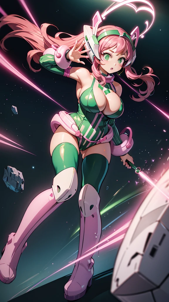 A beautiful sexy space girl with big breasts and long curly pink hair, her light green eyes are wearing a pink helmet with green protection, she is wearing a pink metallic corset with long sleeves and a black metallic thong, wearing long blue socks with a white stripe, pink rocket shoe.