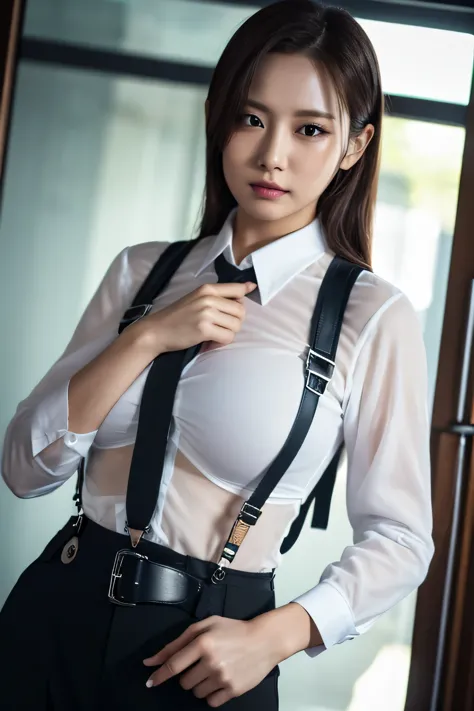 a woman in a suit, belt, hands behind back, sweating, suspenders, black pants, large breasts, see-through clothing, rain, detect...