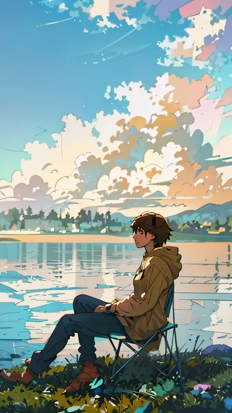 there is a man sitting on a chair by the water, lofi artstyle, anime style mixed with fujifilm, in style of makoto shinkai, styl...