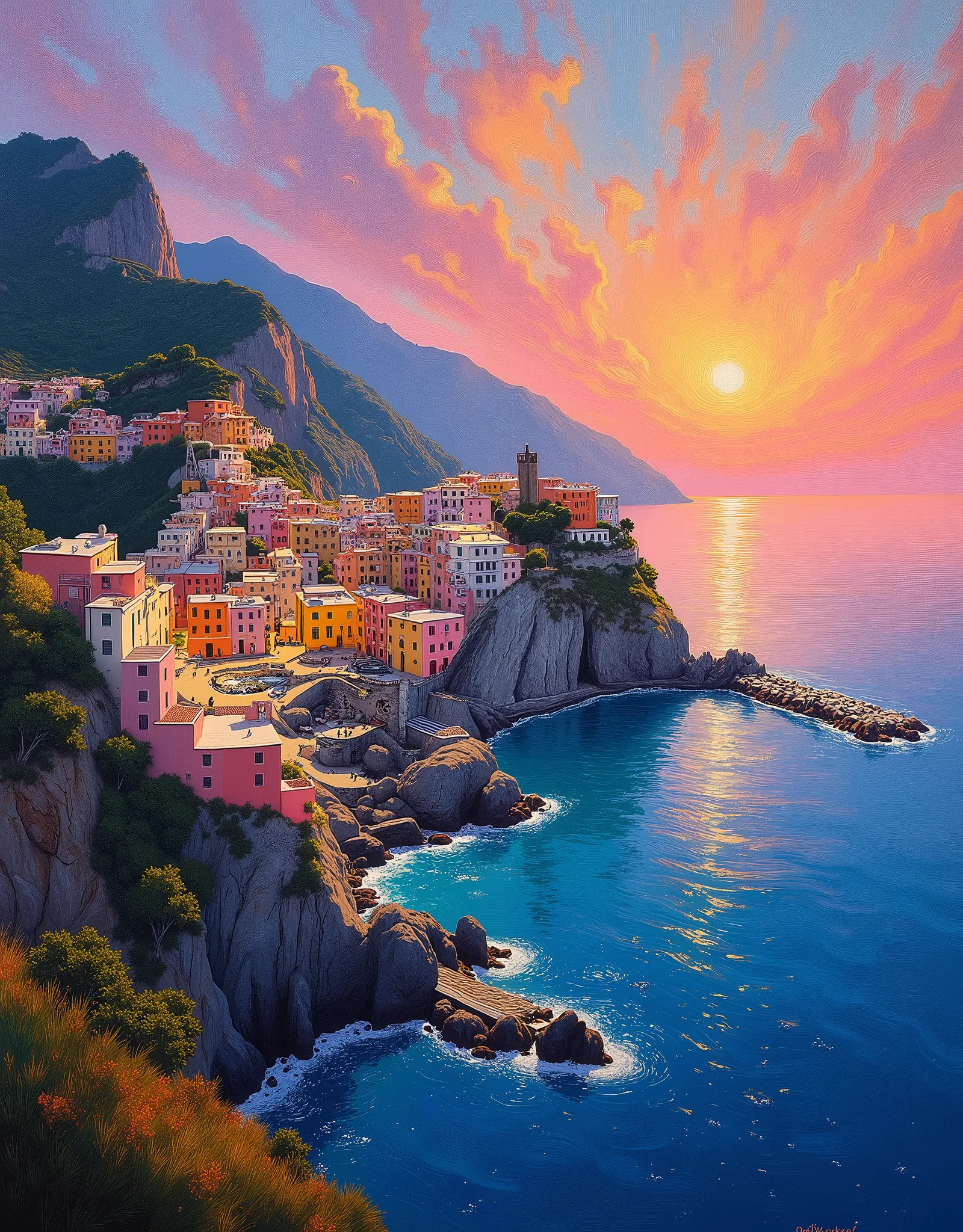 Beautiful landscape of beautiful Positano, dawn sky is very colorful with many colors in very smooth gradience, oil painting,Van Gogh's style