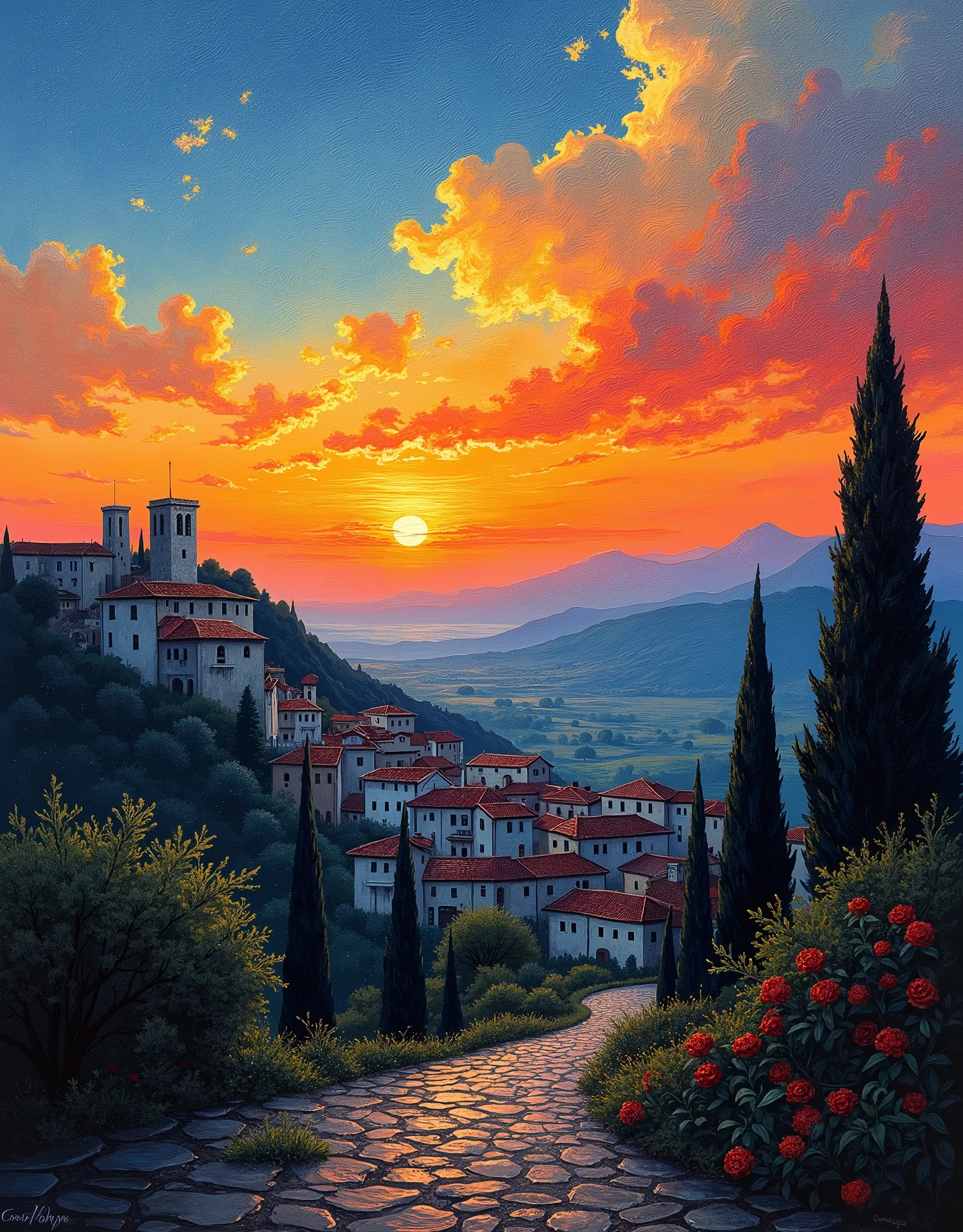 Beautiful landscape of beautiful italian town is in black and white picture, dawn sky is very colorful with many colors in very smooth gradience, oil painting,Van Gogh's style