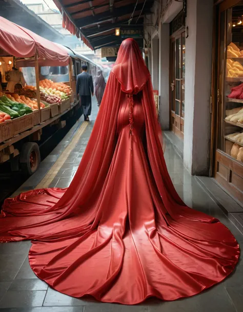 a woman shrouded in a 7-meter-long, plush red transparent satin shimmer cloth, tightly bound and grandly draping along the form ...