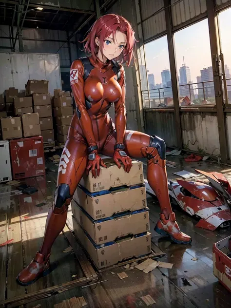 karen kouzuki、highest quality, masterpiece, high resolution, alone,red pilot suit, ((abandoned warehouse in a future city)),